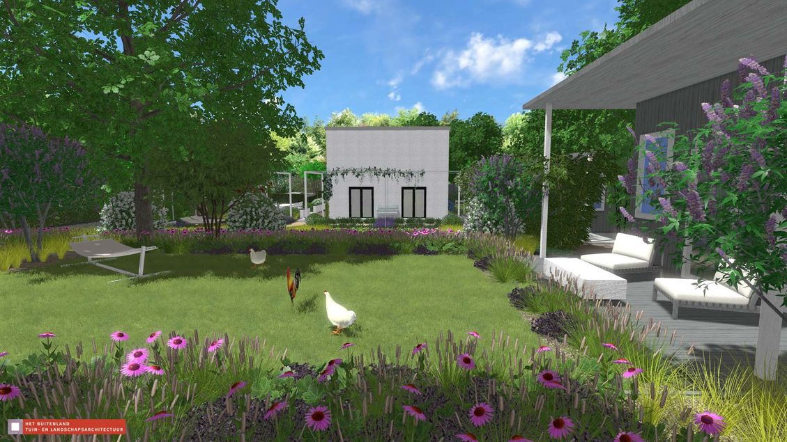 stads-tuinontwerp beloofd land in nijmegen van het buitenland met een loungeterras bij het gastenverblijf met kippenweide ervoor