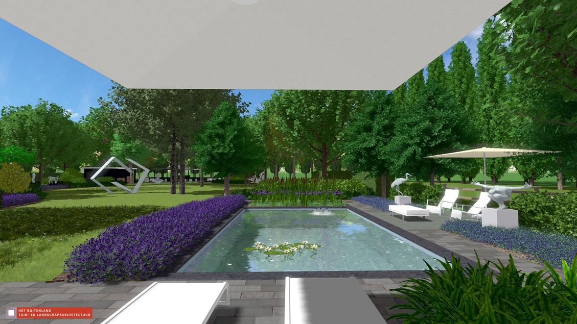 landschaps-tuinontwerp beeldentuin in nijmegen van het buitenland met zicht over de vijver naar een groot modern tuinbeeld