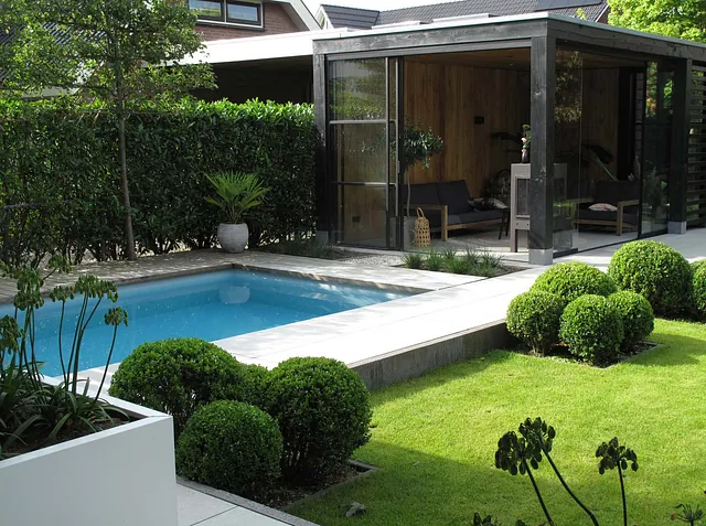 stads-tuinontwerp plunge tuin in nijmegen van het buitenland met een plunge bad met op de voorgrond rond gesnoeide hulst bollen