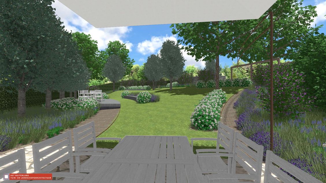 landschaps-tuinontwerp op de helling in nijmegen van het buitenland met een buiten eettafel met zicht op hellend gazon met bomen
