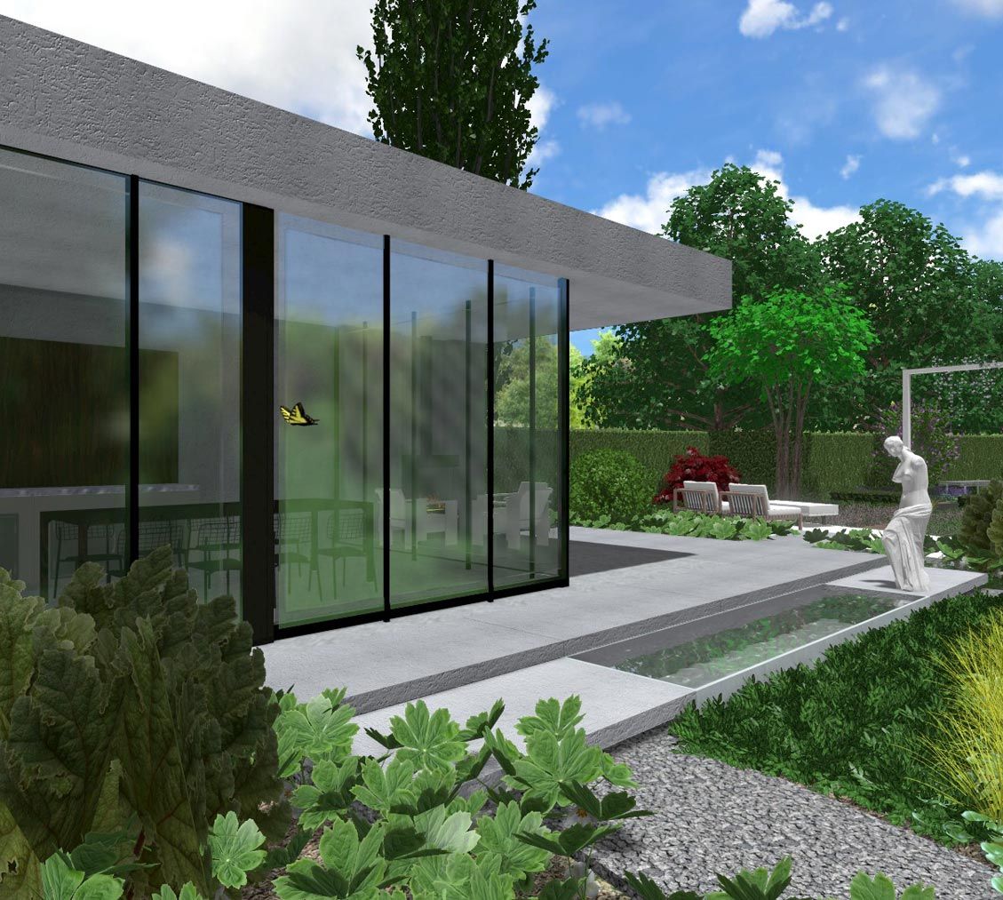 landschaps-tuinontwerp het glazen huis in nijmegen van het buitenland met zicht op een moderne glazen uitbouw met keuken