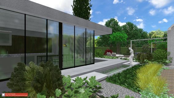 landschaps-tuinontwerp het glazen huis in nijmegen van het buitenland met zicht op een moderne glazen uitbouw met keuken