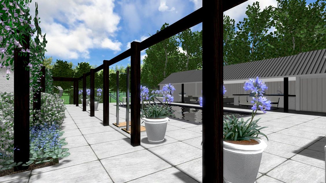 landschaps-tuinontwerp stroomversnelling in nijmegen van het buitenland met een zwarte pergola die de zwemkamer omsluit