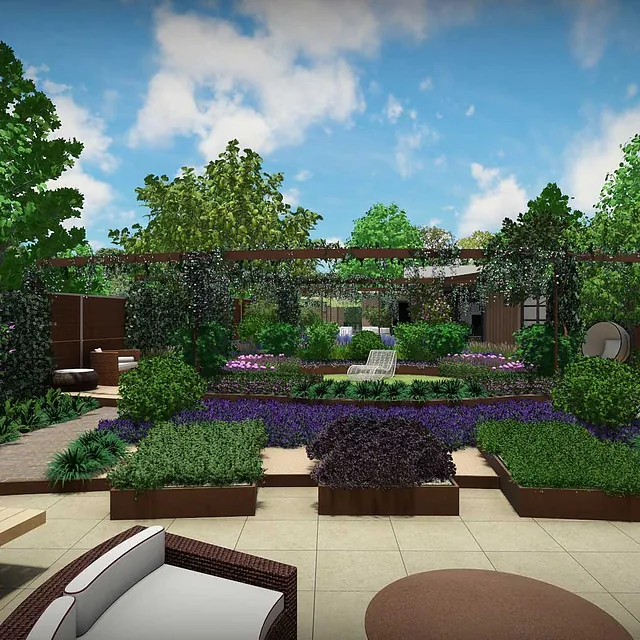 stads-tuinontwerp fruit plaza in oosterbeek van het buitenland met zicht op de achtertuin vanaf een halronde loungebank