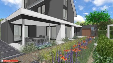 stads-tuinontwerp kinderspel 1 in nijmegen van het buitenland met veranda met eettafel en een lange kleurrijke border ervoor