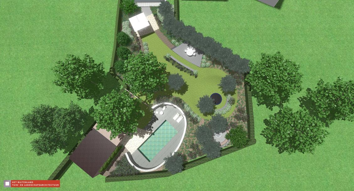 landschaps-tuinontwerp op de helling in nijmegen van het buitenland met een vogelvluchtperspectief visualisatie van de gehele tuin