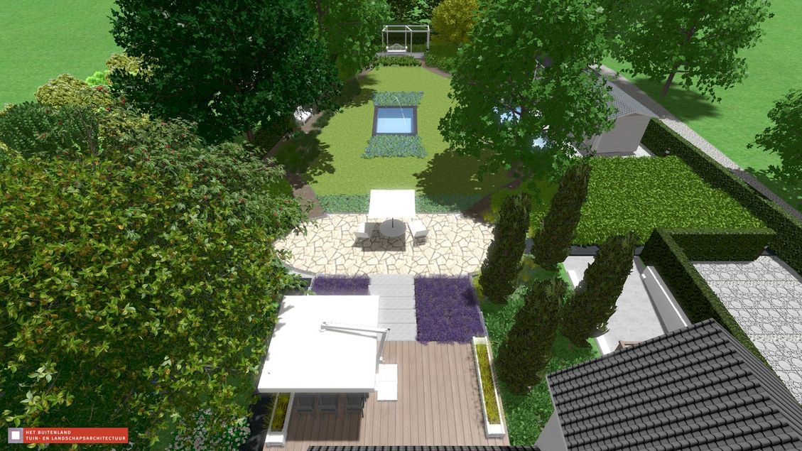 landschaps-tuinontwerp lavendeldroom in nijmegen van het buitenland met een 3D vogelvlucht visualisatie van de as van de achtertuin