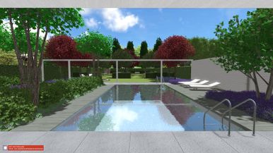 landschaps-tuinontwerp het glazen huis in nijmegen van het buitenland met zicht over een rechthoekig zwembad naar een boomgaard