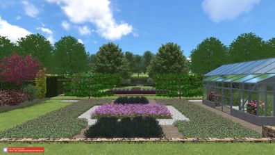 landschaps-tuinontwerp toscane ad rijn in nijmegen van het buitenland met een verdiepte kruiden- en moestuin met grote glazen kas