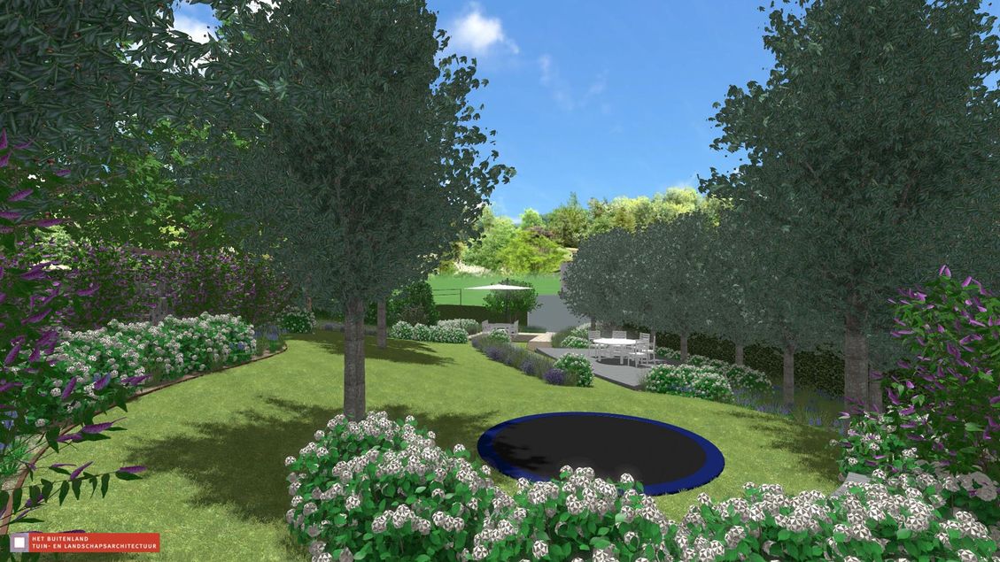 landschaps-tuinontwerp op de helling in nijmegen van het buitenland met een trampoline hoog gelegen in een hellend gazon