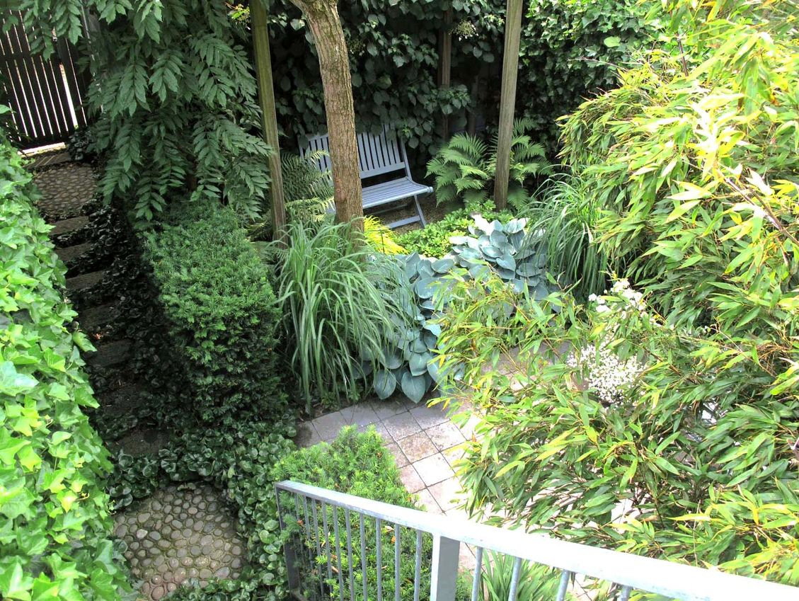 stads-tuinontwerp jungle in nijmegen van het buitenland met zicht van boven op de binnentuin grenzend aan het stapstenen entreepad