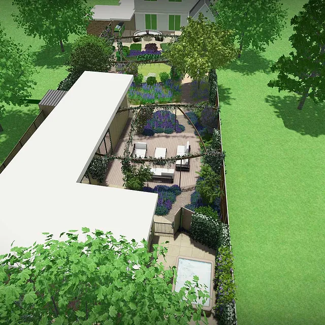 stads-tuinontwerp fruit plaza in oosterbeek van het buitenland met een vogelvlucht perspectief van de gehele achtertuin vanaf het tuinhuis