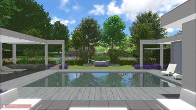 landschaps-tuinontwerp pool huis in nijmegen van het buitenland met een zonneterras bij een zwembad met zicht een hangmat
