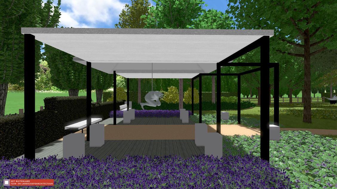 landschaps-tuinontwerp beeldentuin in nijmegen van het buitenland met een beelden paviljoen met daarin een hangende sculptuur