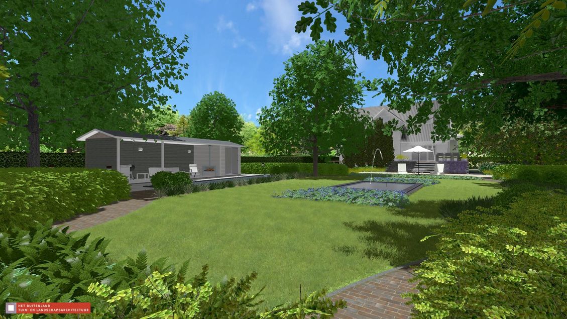 landschaps-tuinontwerp lavendeldroom in nijmegen van het buitenland met zicht op een terrasoverkapping en vijver met waterspuiter