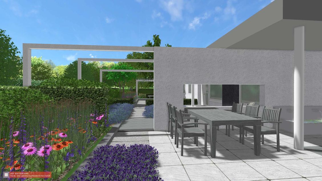 stads-tuinontwerp doorkijkjes in nijmegen van het buitenland met doorkijkjes langs de muur van de patiotuin naar de voortuin