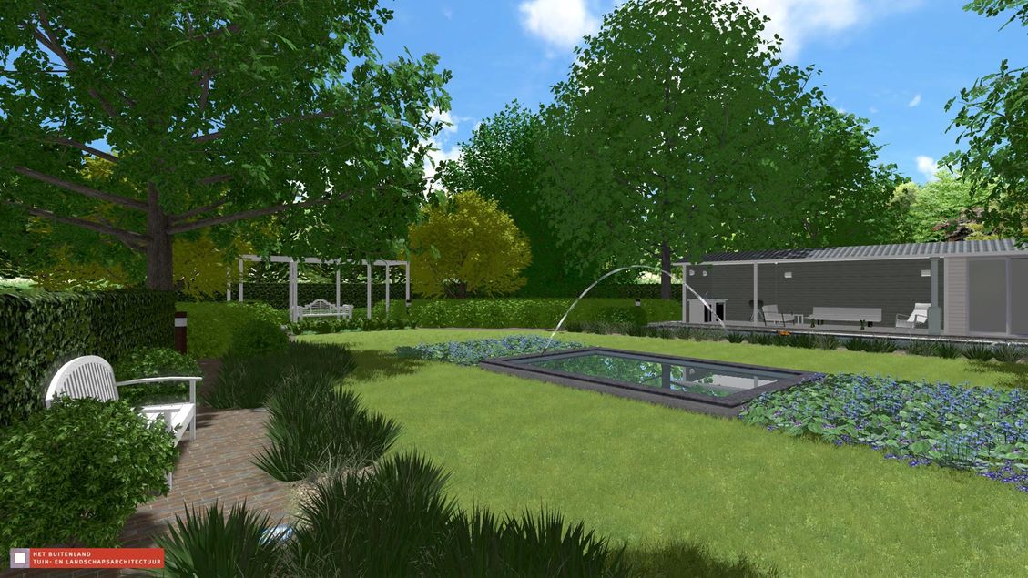 landschaps-tuinontwerp lavendeldroom in nijmegen van het buitenland met een bankje uitkijkend op een vijver met waterspuiter