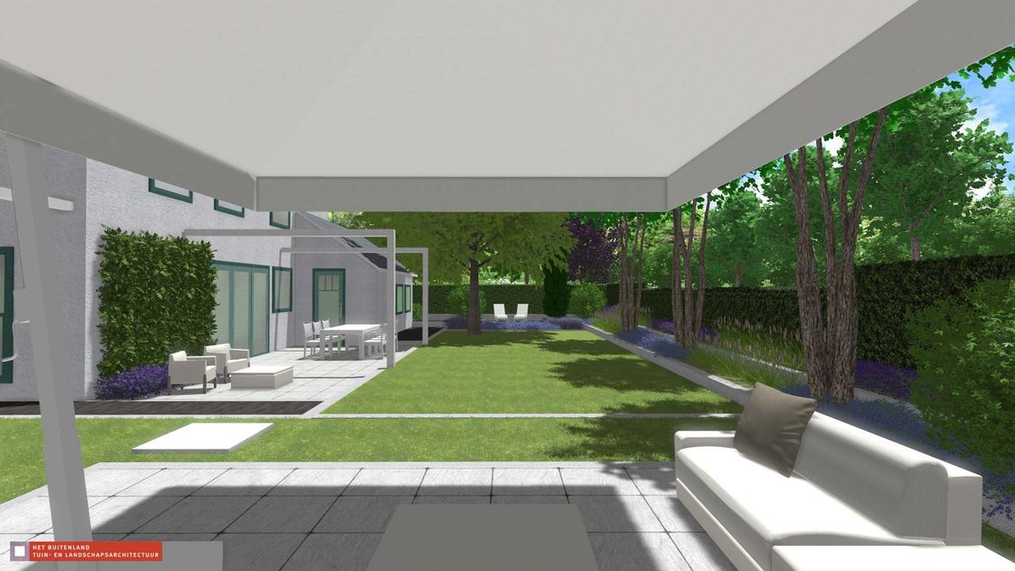 stads-tuinontwerp bossche school 2 in nijmegen van het buitenland met het loungeterras en verhoogde heesterborders langs het gazon