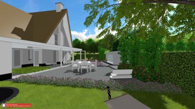 stads-tuinontwerp water muur in nijmegen van het buitenland met een hangmat in het speelgazon met zicht op de achtertuin