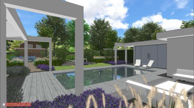 landschaps-tuinontwerp pool huis in nijmegen van het buitenland met diagonaal zicht op een zwembad met poolhuis