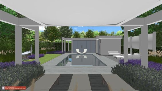 landschaps-tuinontwerp pool huis in nijmegen van het buitenland met een zwembad met daarvoor een pergola met schaduwdoek 