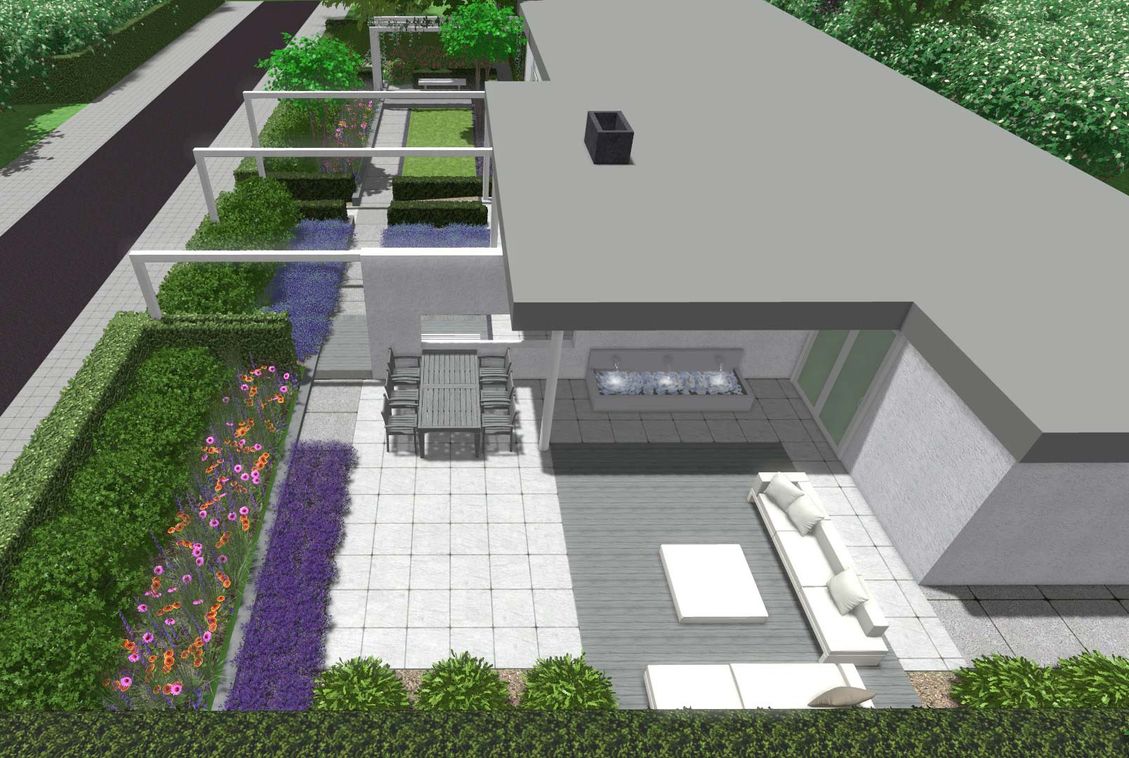 stads-tuinontwerp doorkijkjes in nijmegen van het buitenland met een 3D vogelvlucht van de patiotuin met aangrenzende voortuin