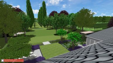 landschaps-tuinontwerp de as in nijmegen van het buitenland met een 3D vogelvlucht visualisatie van de achtertuin met bomenpark