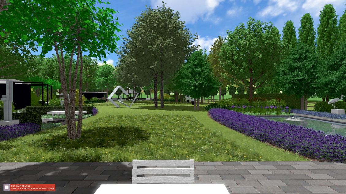 landschaps-tuinontwerp beeldentuin in nijmegen van het buitenland met vanaf het loungeterras zicht over het gazon met de beelden