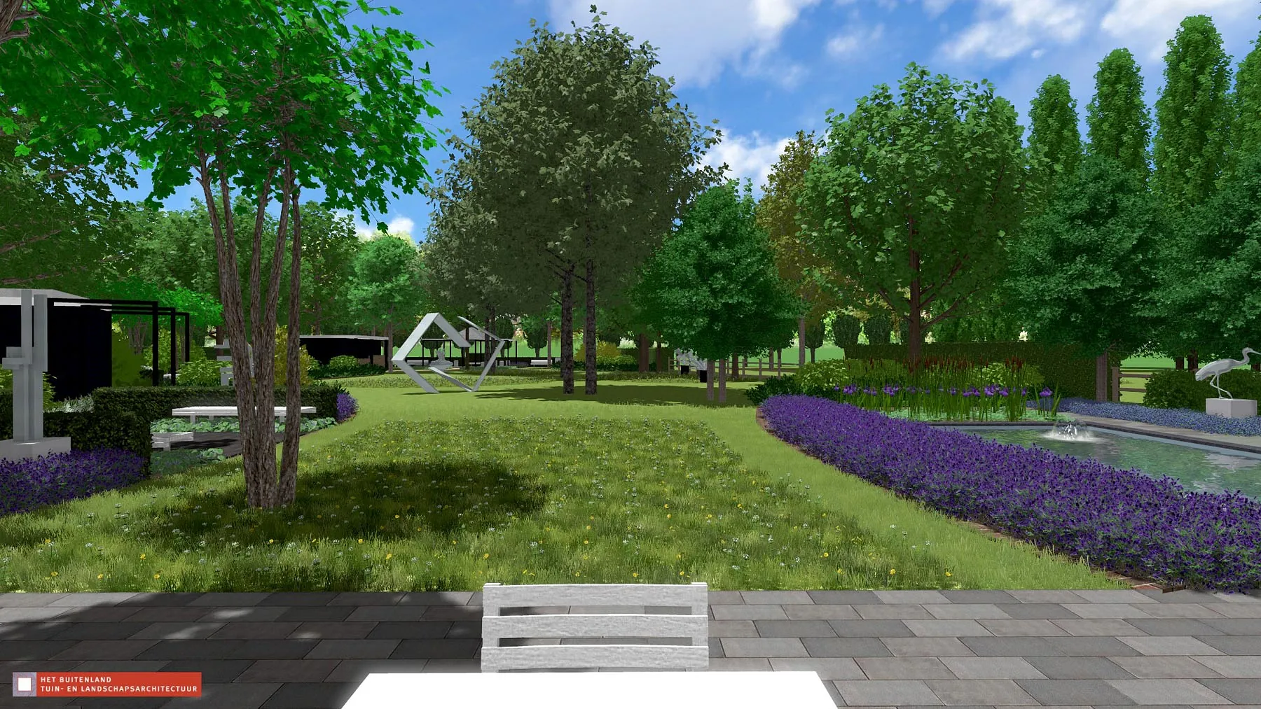 landschaps-tuinontwerp beeldentuin in nijmegen van het buitenland met vanaf het loungeterras zicht over het gazon met de beelden