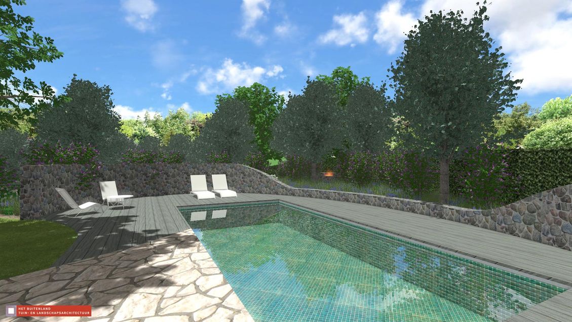 landschaps-tuinontwerp op de helling in nijmegen van het buitenland met zwembad omsloten door een gebogen muur met doorkijk