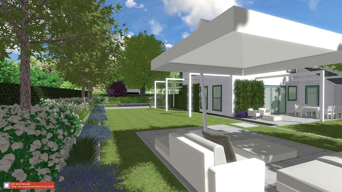 stads-tuinontwerp bossche school 2 in nijmegen van het buitenland met een loungeterras en langgerekte heesterborder langs het gazon