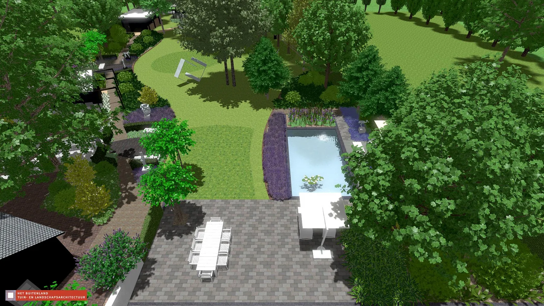 landschaps-tuinontwerp beeldentuin in nijmegen van het buitenland met een 3D vogelvlucht visualisatie van de grote beeldentuin 