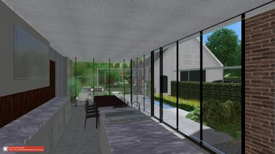 landschaps-tuinontwerp het glazen huis in nijmegen van het buitenland met zicht op de tuin vanuit een moderne glazen uitbouw