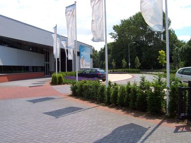 1 de rode loper bedrijfstuinontwerp nijmegen het buitenland 7 vlaggenmasten in een gebogen taxushaag