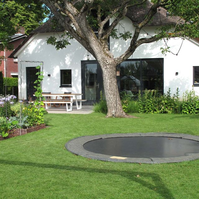 landschaps-tuinontwerp eten uit je tuin in nijmegen van het buitenland met een gazon met trampoline voor de achtergevel