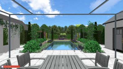 landschaps-tuinontwerp toscane ad rijn in nijmegen van het buitenland met buiten eettafel met zicht op zwembad en cipressen