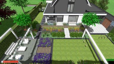 stads-tuinontwerp kinderspel in nijmegen van het buitenland met 3D vogelvlucht visualisatie van de achtertuin met speelgazon