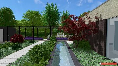 stads-tuinontwerp binnen de lijnen in nijmegen van het buitenland met een langgerekte zwart omrande vijver tussen beplanting