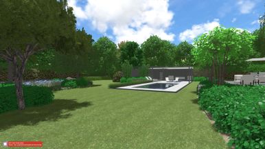 landschaps-tuinontwerp bospoel in nijmegen van het buitenland met een in gazon gelegen en groen omzoomd zwembad met poolhouse